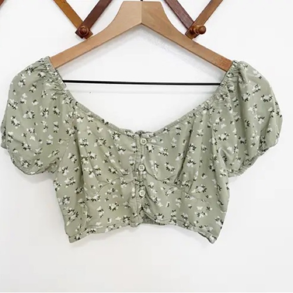 Hollister Green Flutter Sleeve Smocked Crop Blouse
